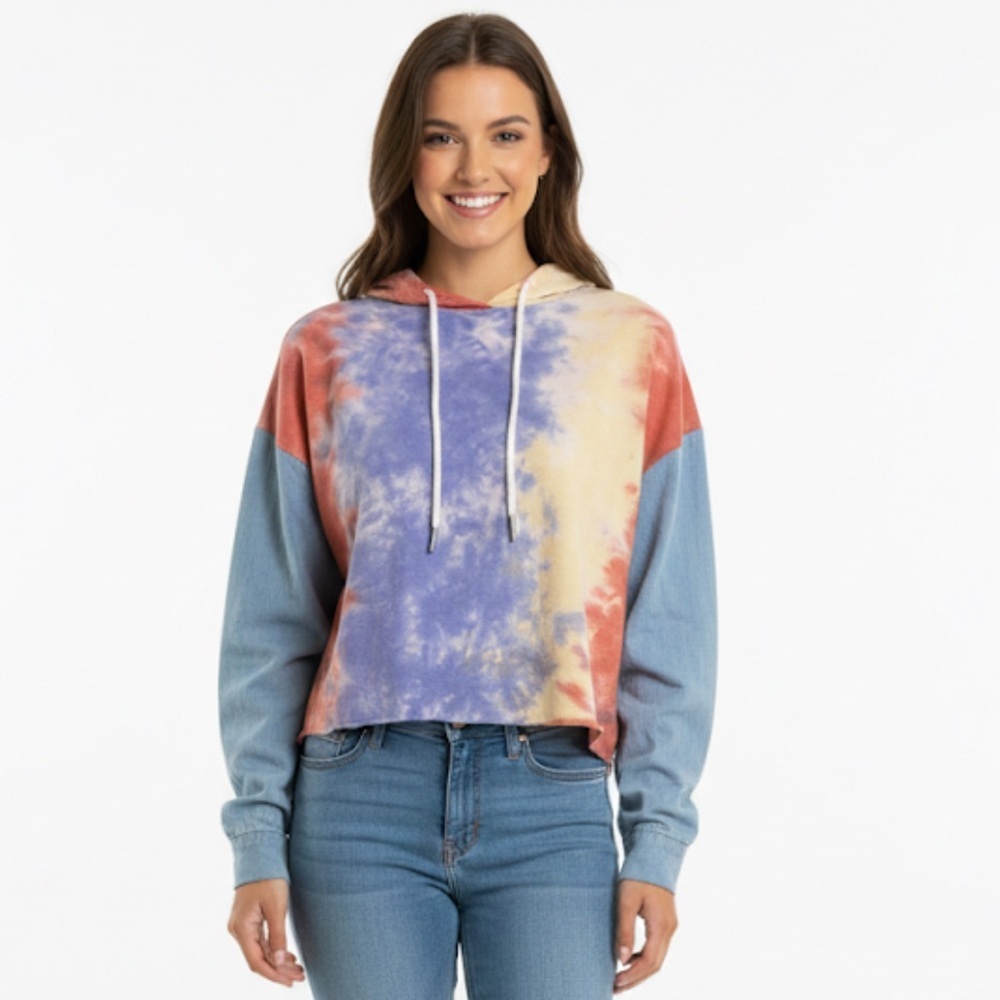 Like An Angel pullover cropped hoodie, tie-dye, light denim sleeves Size large